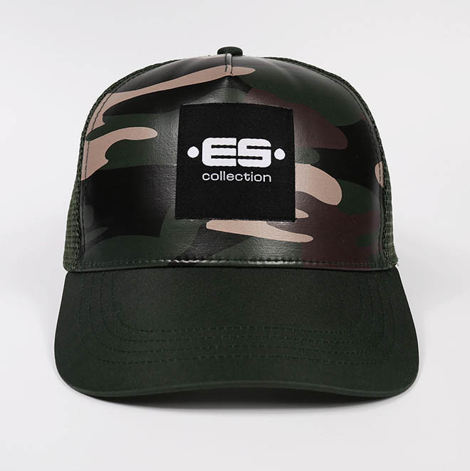 Custom 5 Panel Camouflage Leather Woven Patch Applique Logo Mesh Cap Trucker Hat