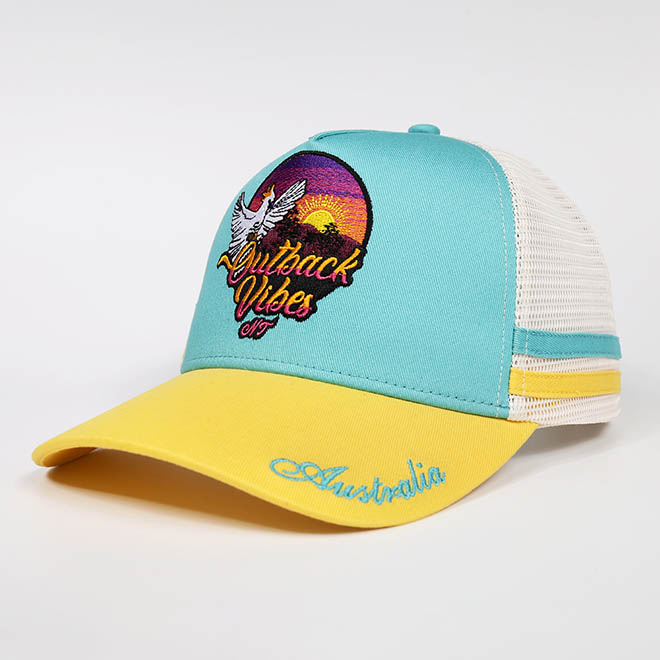 Custom 5 Panel Cotton 2 Tone 3D Embroidery Logo Side Strap Mesh Cap Trucker Hat