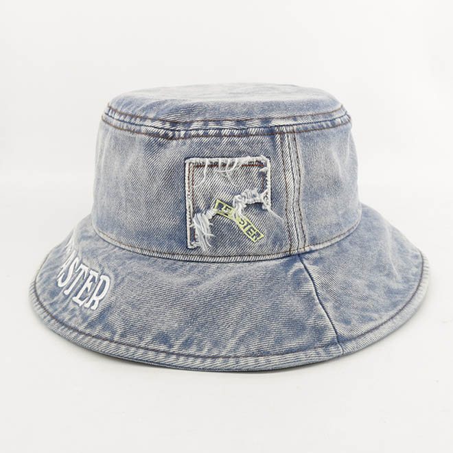 Custom Fashion Women Washed Denim Embroidery Logo Wide Brim Bucket Hat
