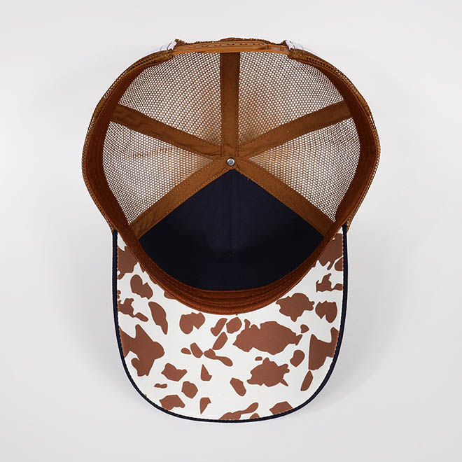 Custom 5 Panel Cotton Leather Patch Logo Printed Under Brim Side Strap Mesh Cap Trucker Hat