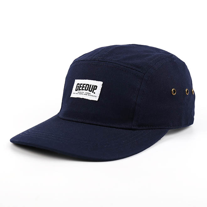 Custom Cotton 5 Panel Hat Woven Label Logo Curved Brim Men Camp Cap