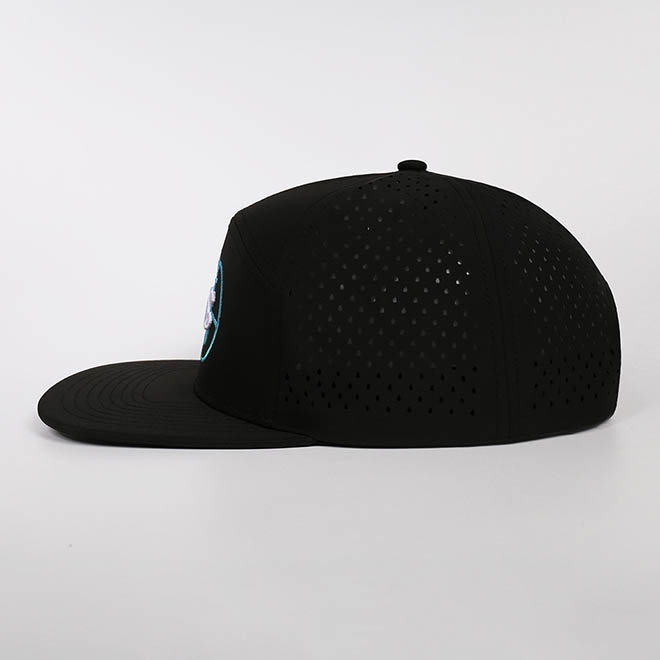 Custom 7 Panel Polyester Embroidery Logo Laser Cut Hole Flat Brim Hat Snapback Cap