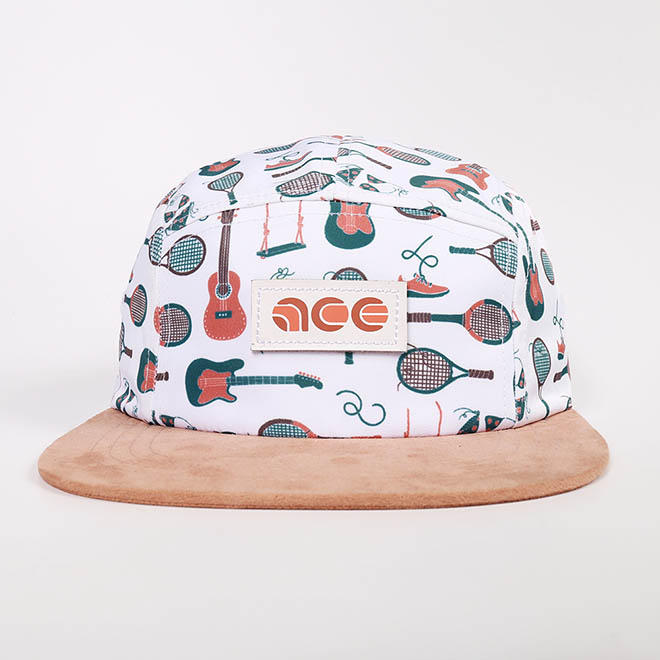 Custom 5 Panel Hat Polyester Sublimation Printed Leather Patch Logo Suede Brim Camp Cap