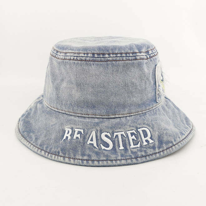 Custom Fashion Women Washed Denim Embroidery Logo Wide Brim Bucket Hat