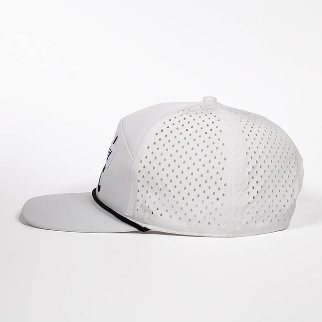 Custom 7 Panel Polyester Applique Embroidery Patch Logo Laser Cut Hole Flat Brim Rope Hat Snapback Cap