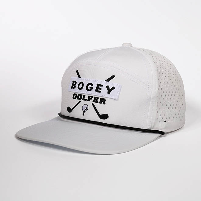 Custom 7 Panel Polyester Applique Embroidery Patch Logo Laser Cut Hole Flat Brim Rope Hat Snapback Cap