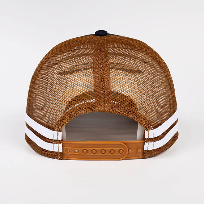 Custom 5 Panel Cotton Leather Patch Logo Printed Under Brim Side Strap Mesh Cap Trucker Hat