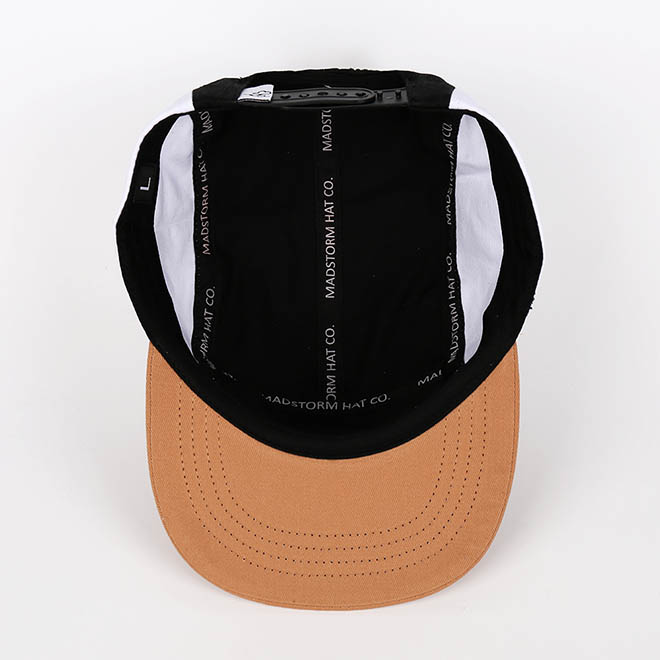 Custom 5 Panel Hat Cotton 2 Tone Leather Patch Logo Flat Brim Camp Cap