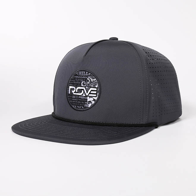 Custom 5 Panel Polyester Flat Brim Laser Cut Hole Rope Hat Embroidery Logo Snapback Cap