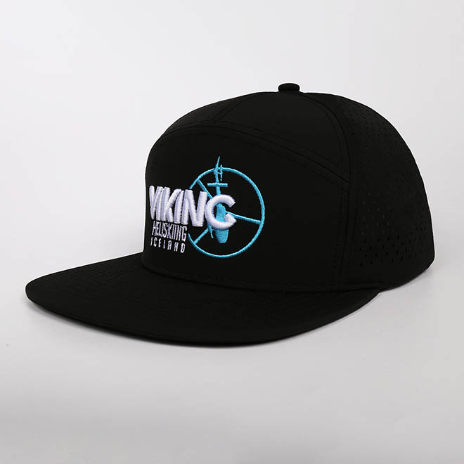 Custom 7 Panel Polyester Embroidery Logo Laser Cut Hole Flat Brim Hat Snapback Cap