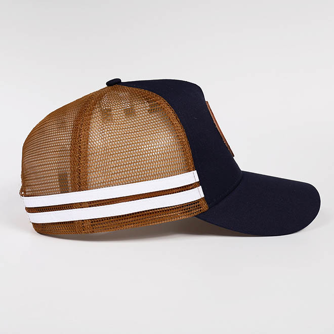 Custom 5 Panel Cotton Leather Patch Logo Printed Under Brim Side Strap Mesh Cap Trucker Hat