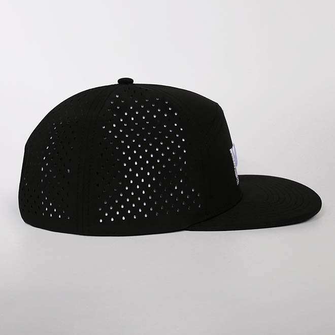 Custom 7 Panel Polyester Embroidery Logo Laser Cut Hole Flat Brim Hat Snapback Cap