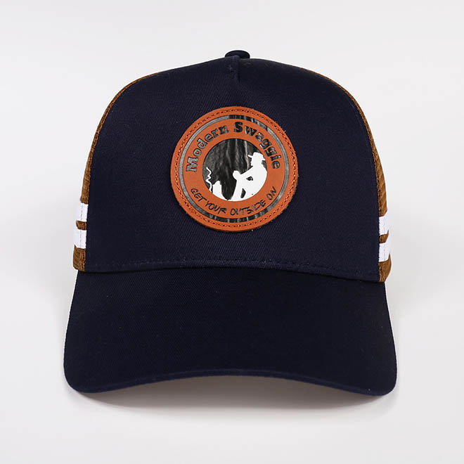 Custom 5 Panel Cotton Leather Patch Logo Printed Under Brim Side Strap Mesh Cap Trucker Hat