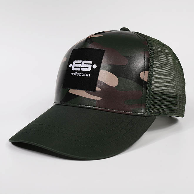 Custom 5 Panel Camouflage Leather Woven Patch Applique Logo Mesh Cap Trucker Hat